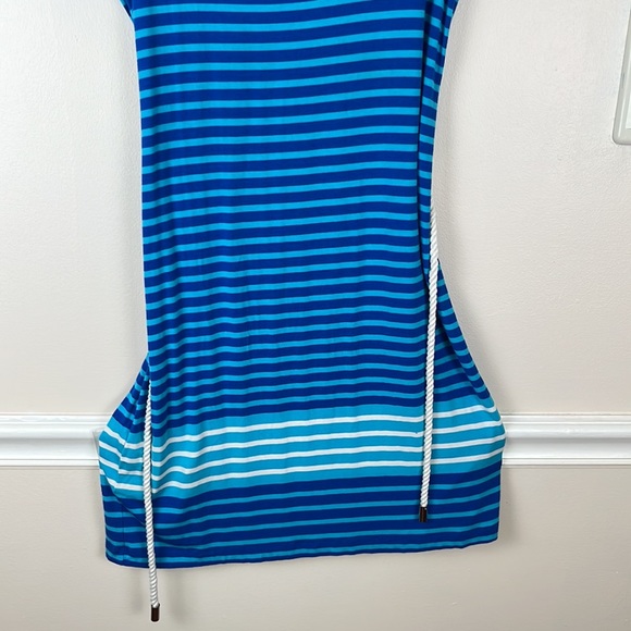Calvin Klein Striped Blue/Turquoise/White T-Shirt Dress w/Belt, Size 8, Rayon - Picture 5 of 14